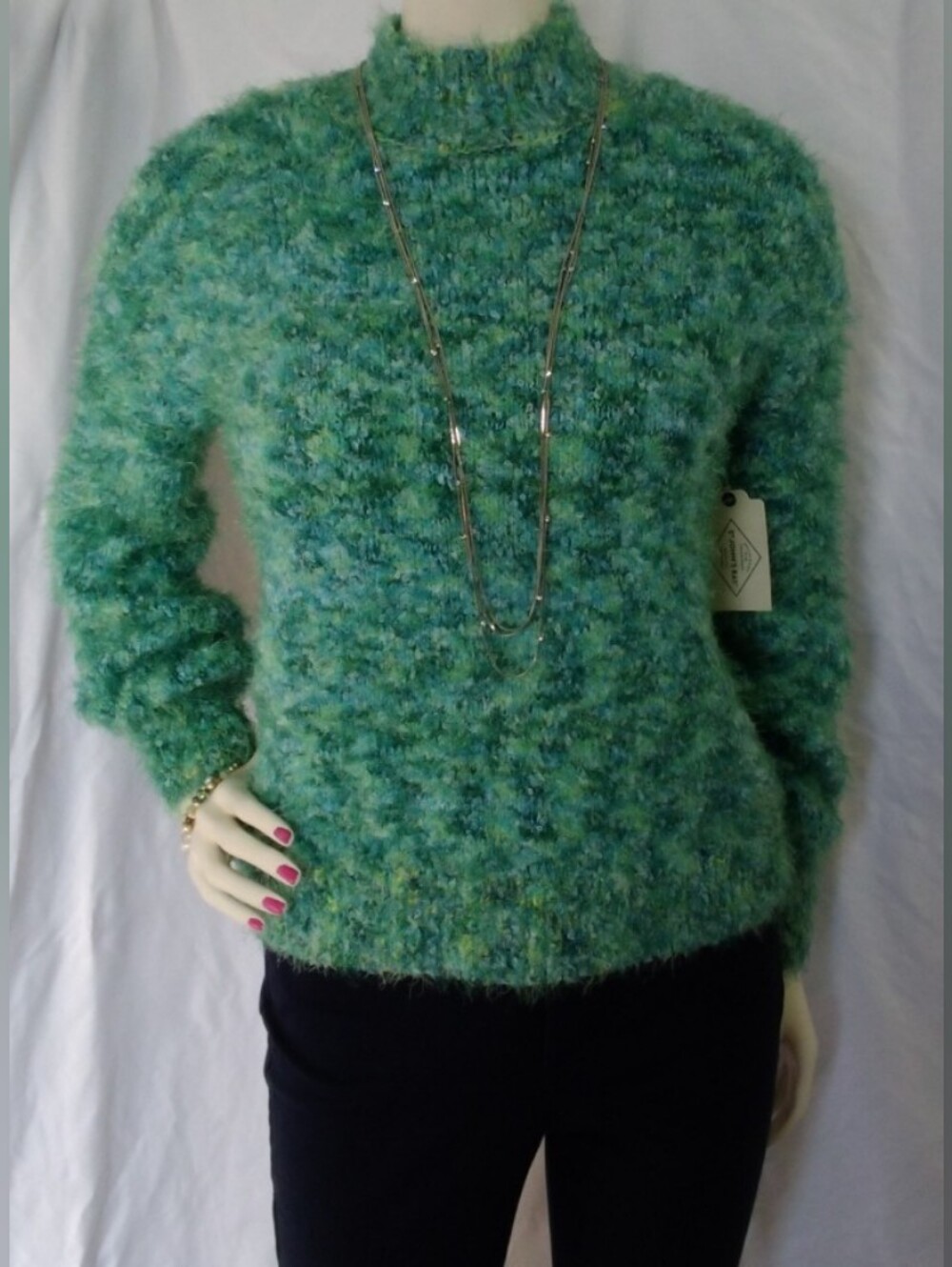 St Johns Bay Fuzzy Knit Blue/Green Women's Sweater Size S